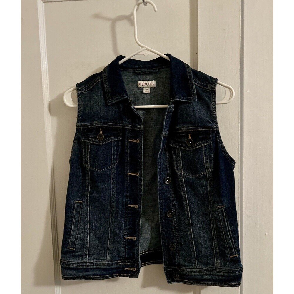 Merona Denim Womens Dark Wash Jean Biker Trucker Vest Size Extra Small / XS